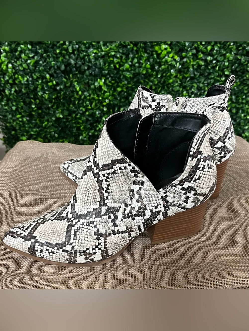 Qupid Snake-Print Ankle Booties in Black and White with Wood Heel